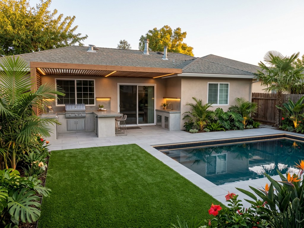 Backyard after an OutdoorSpaces resort-style redesign with pavers, pergola and pool